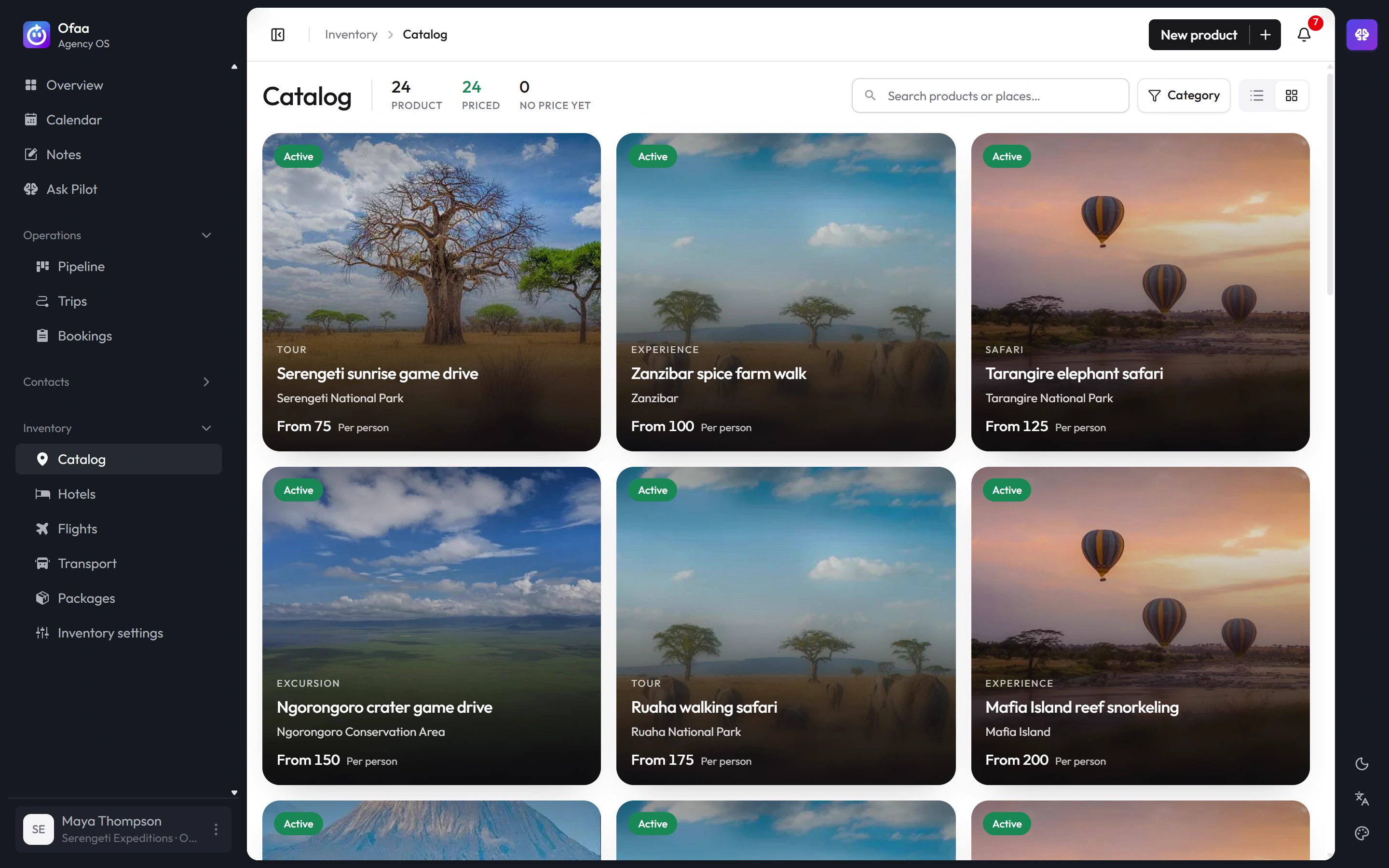 Ofaa inventory catalog with travel products, experiences and destinations