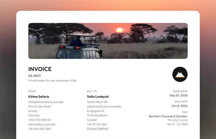 Ofaa Aura invoice template for a Tanzania safari