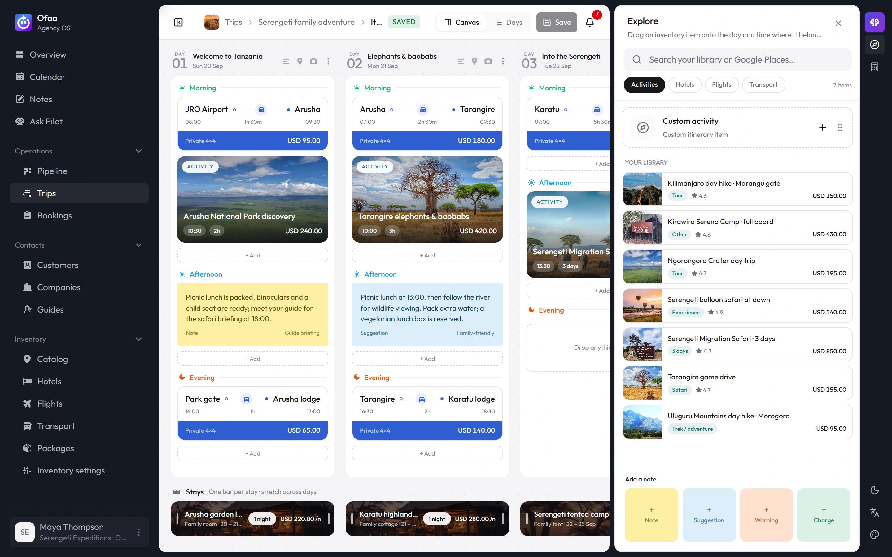 Ofaa Trip Studio showing a real multi-day safari itinerary