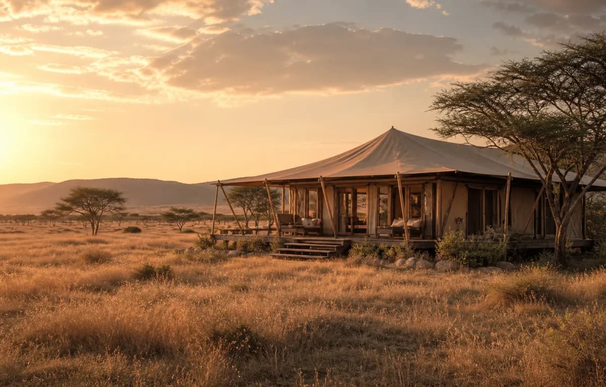 A safari lodge at golden hour